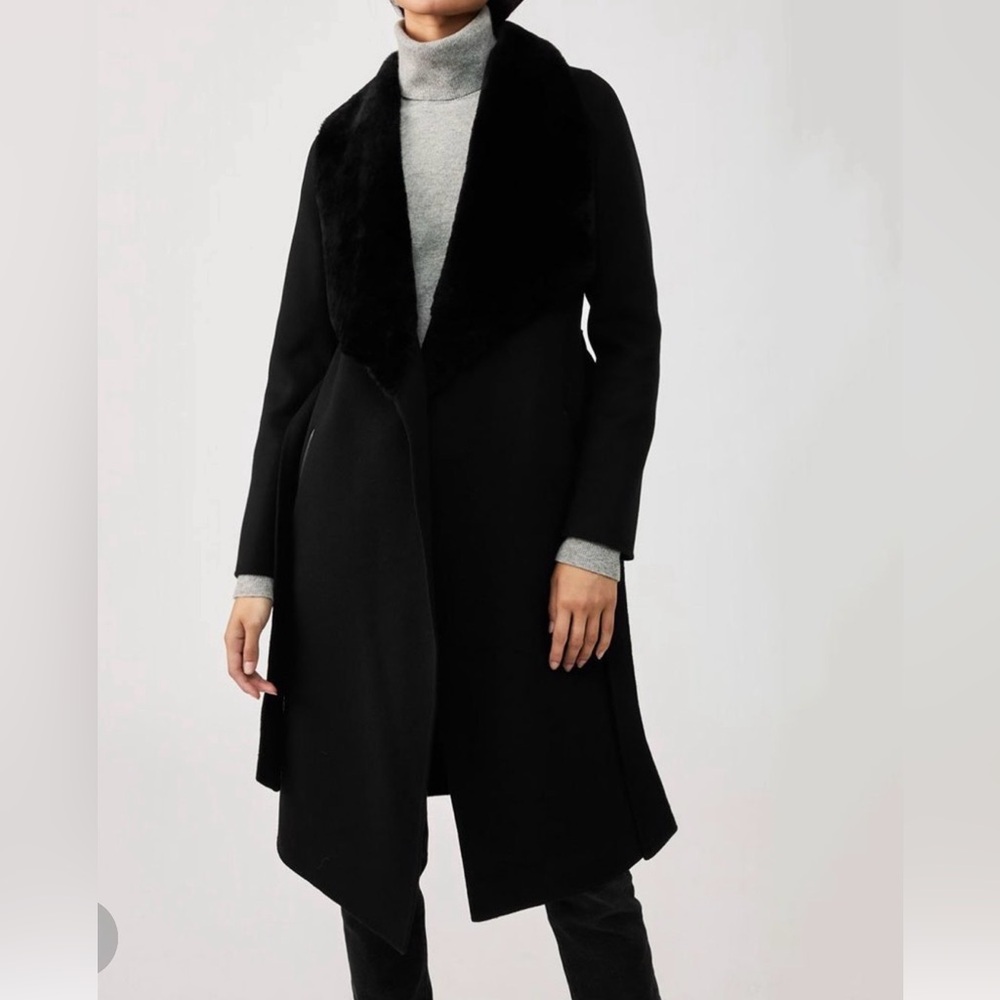 Mackage Sybil genuine shearling collar wool wrap coat